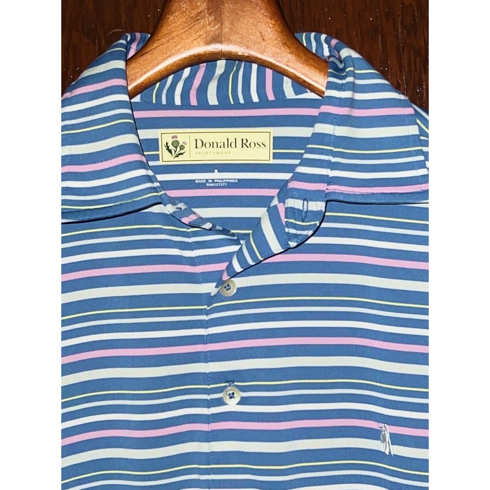 DONALD ROSS BLUE PINK WHITE STRIPED PERFORMANCE GOLF POLO SHIRT SIZE S